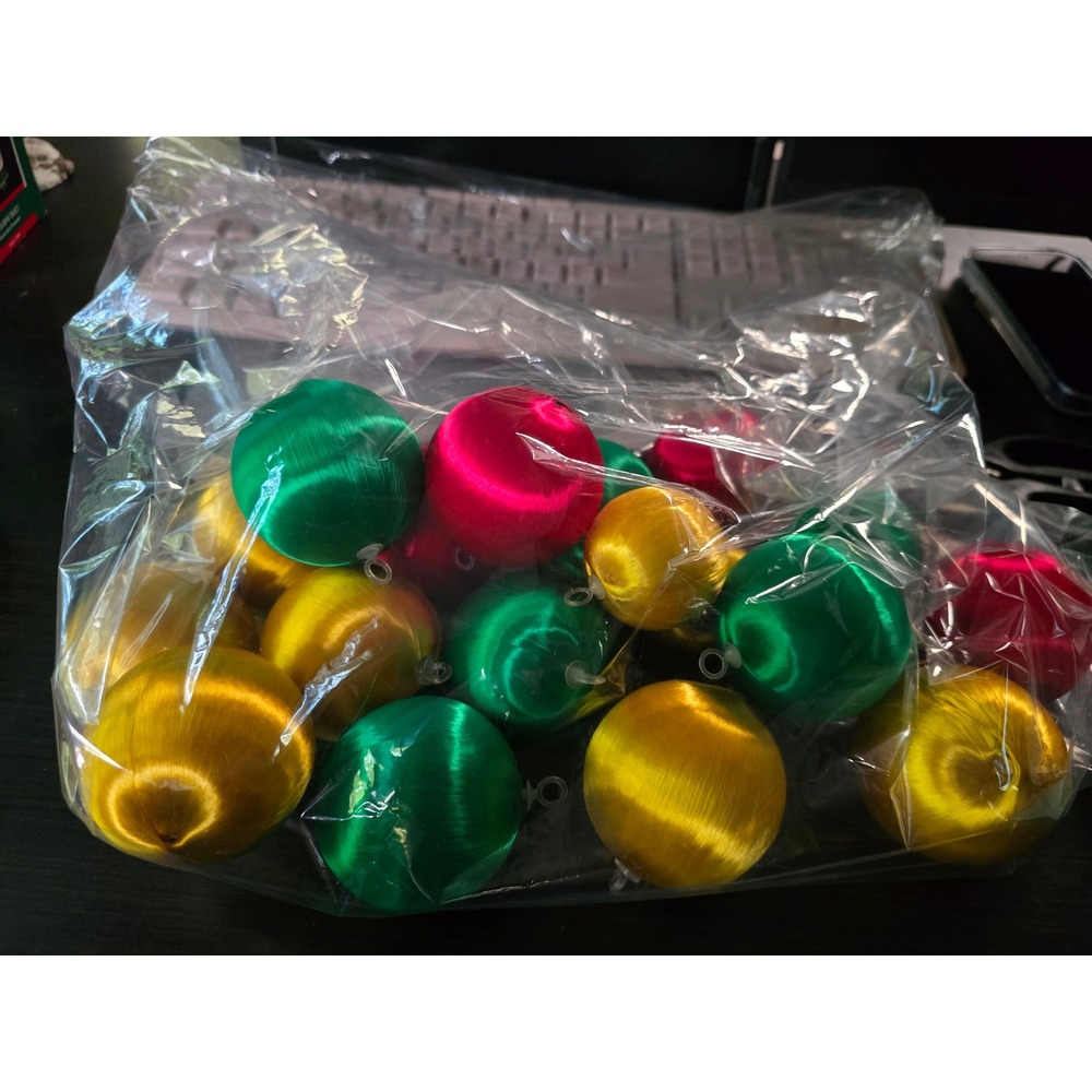 Vintage Satin Silk Thread Christmas Ball Ornaments Red Green Gold Set of 18